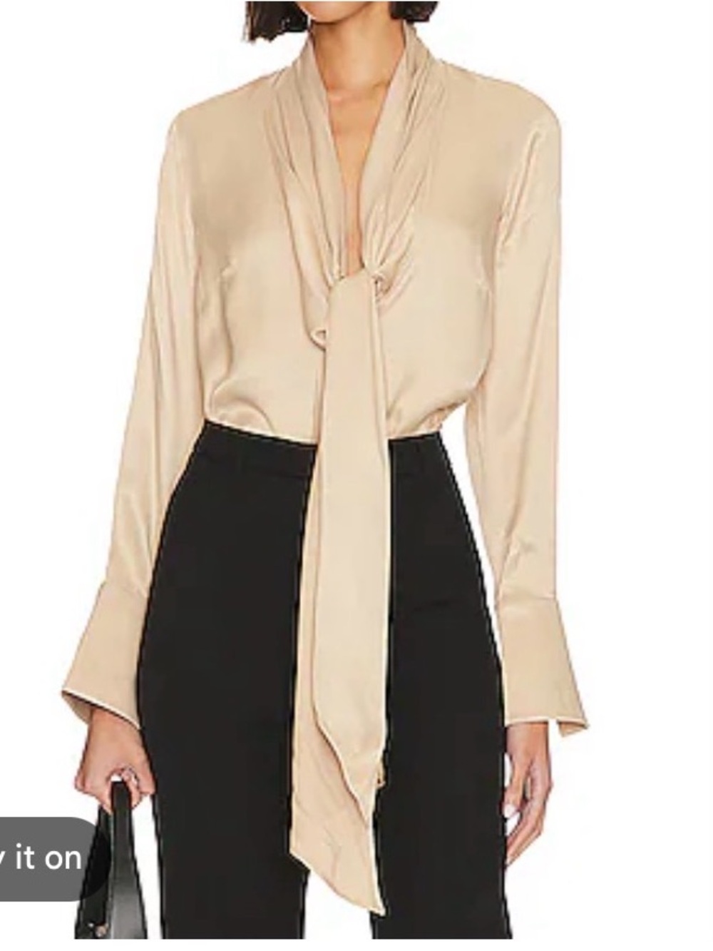 L'Academie Mila Champagne Beige Satin Tie-Neck Secretary Top Blouse [TE]